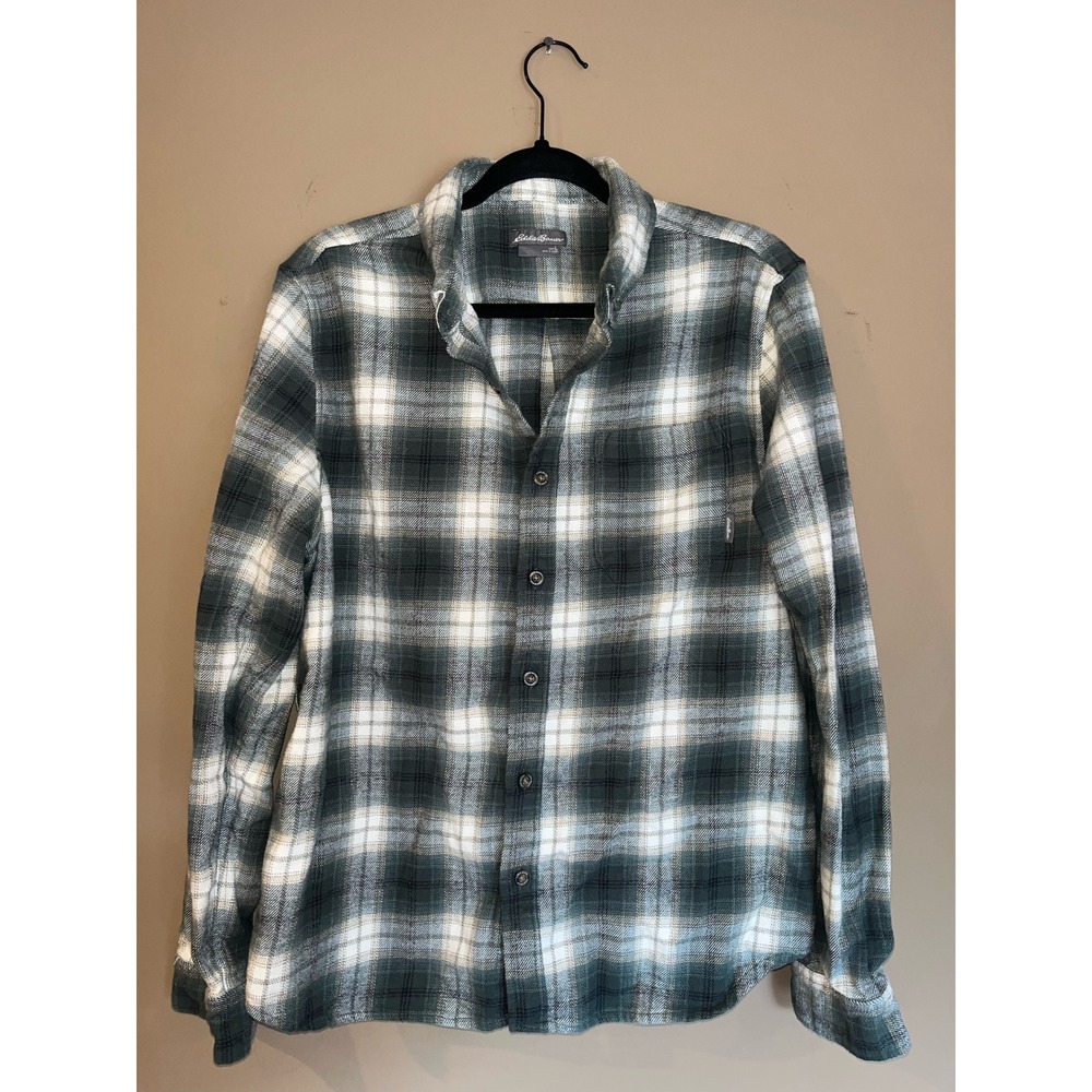 Eddie Bauer Mens Green Plaid Flannel Button Down Shirt EM32LW202 Large